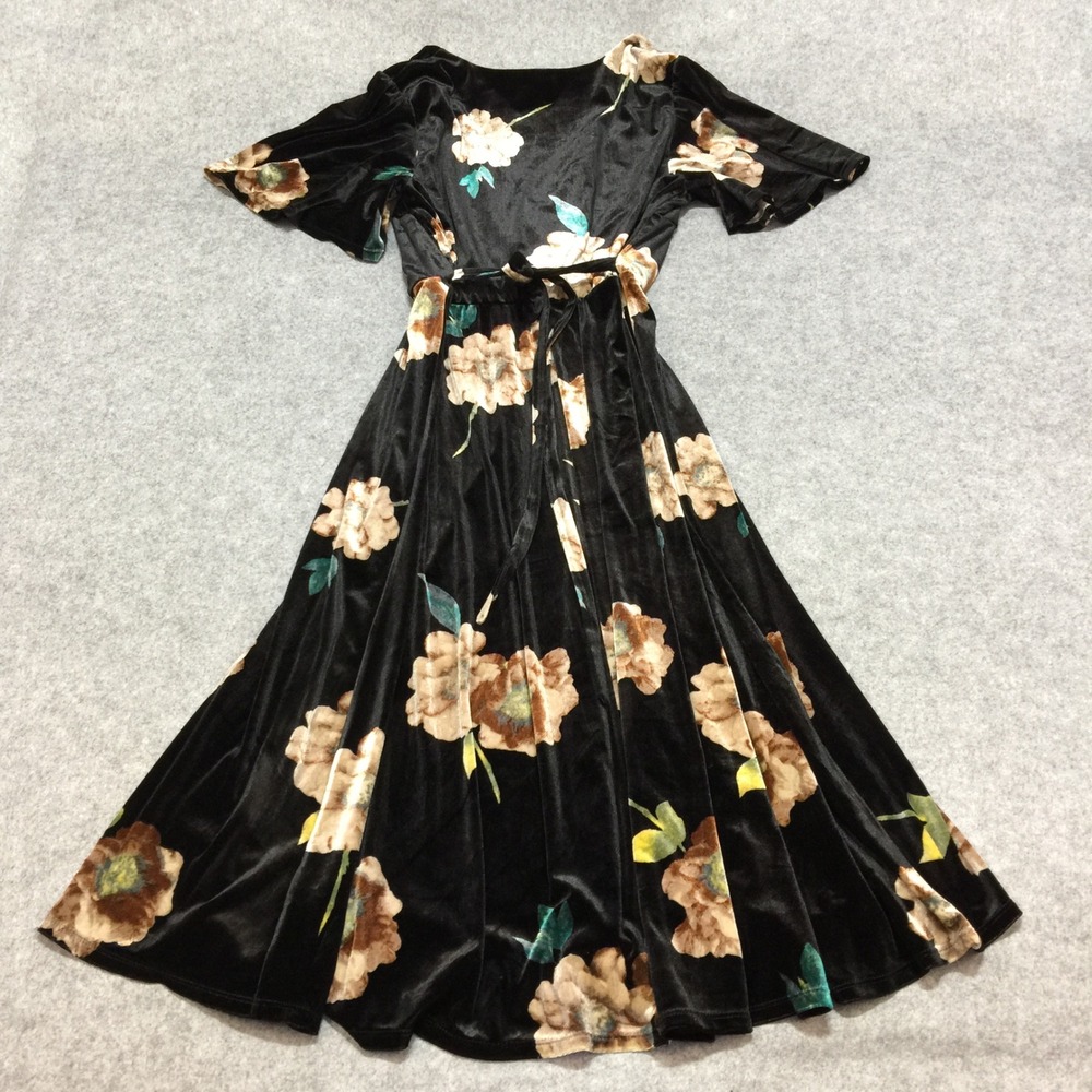 June & Hudson Black Floral Velvet Wrap‎ Midi Dress XL Short Sleeve - Picture 4 of 8